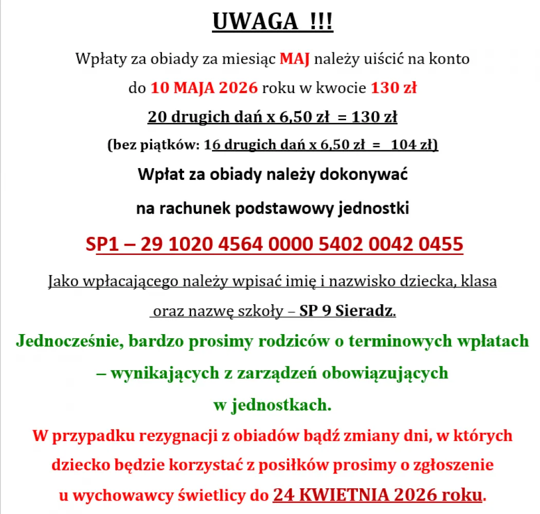 Informacja o obiadach (maj)