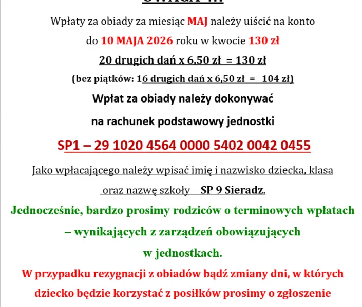 Informacja o obiadach (maj)