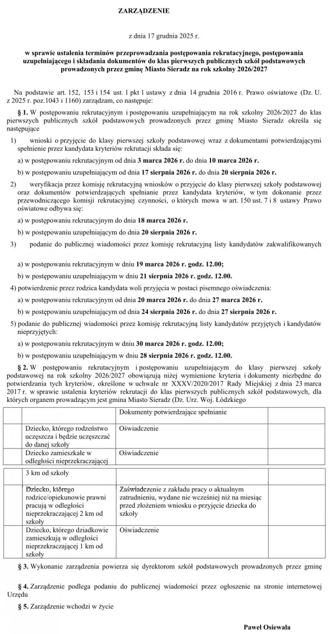 Zarządzenie w sprawie postępowania rekrutacyjnego