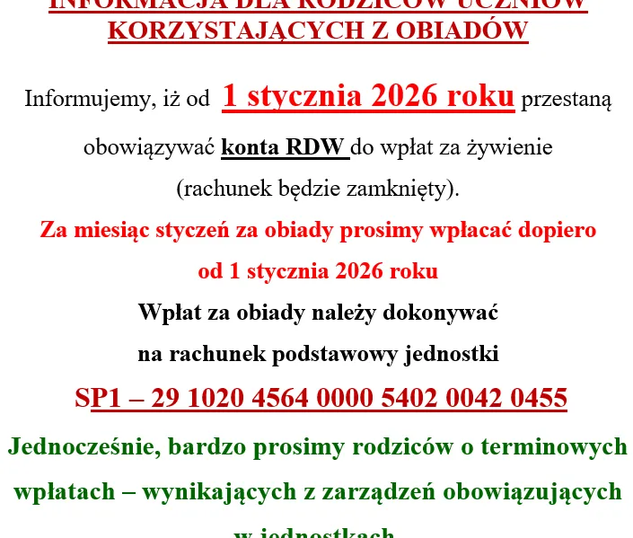 INFORMACJA DLA RODZICÓW UCZNIÓW KORZYSTAJĄCYCH Z OBIADÓW