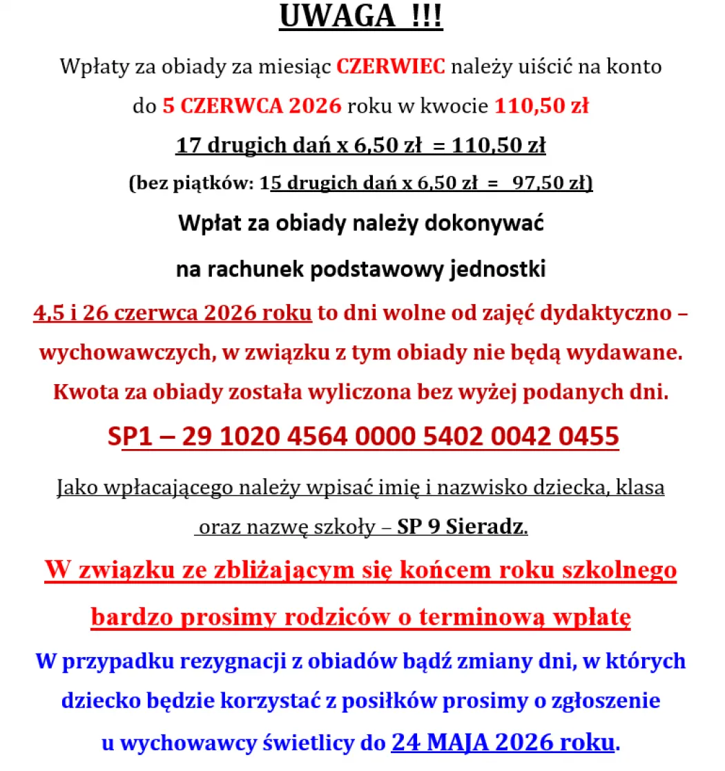 Informacja o obiadach (czerwiec)