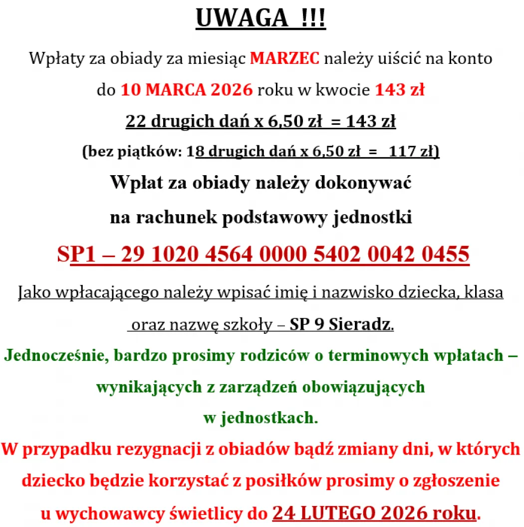 Informacja o obiadach (marzec)