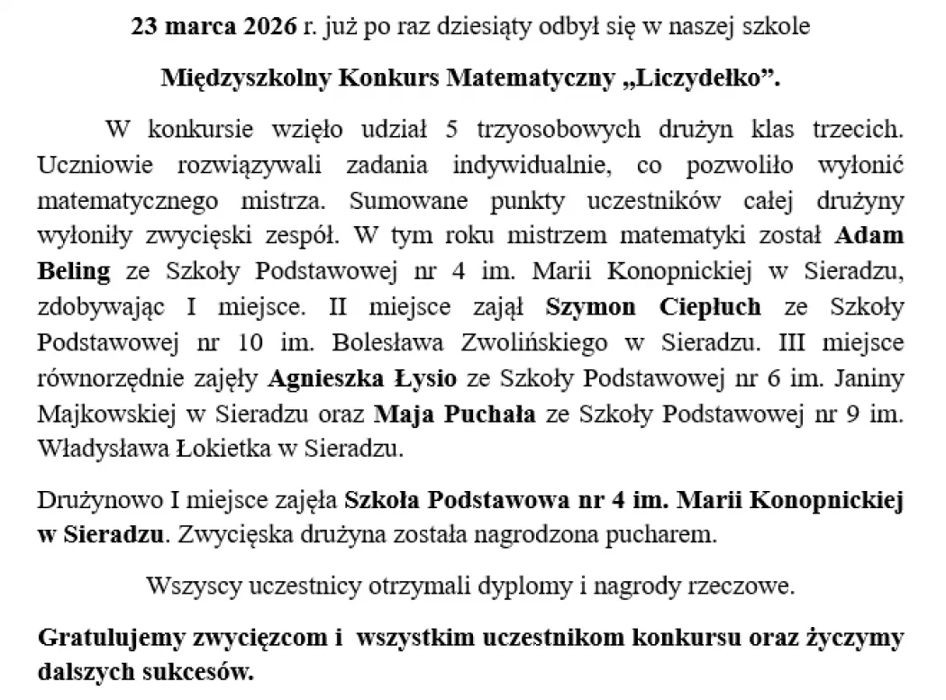 Międzyszkolny Konkurs Matematyczny „Liczydełko”