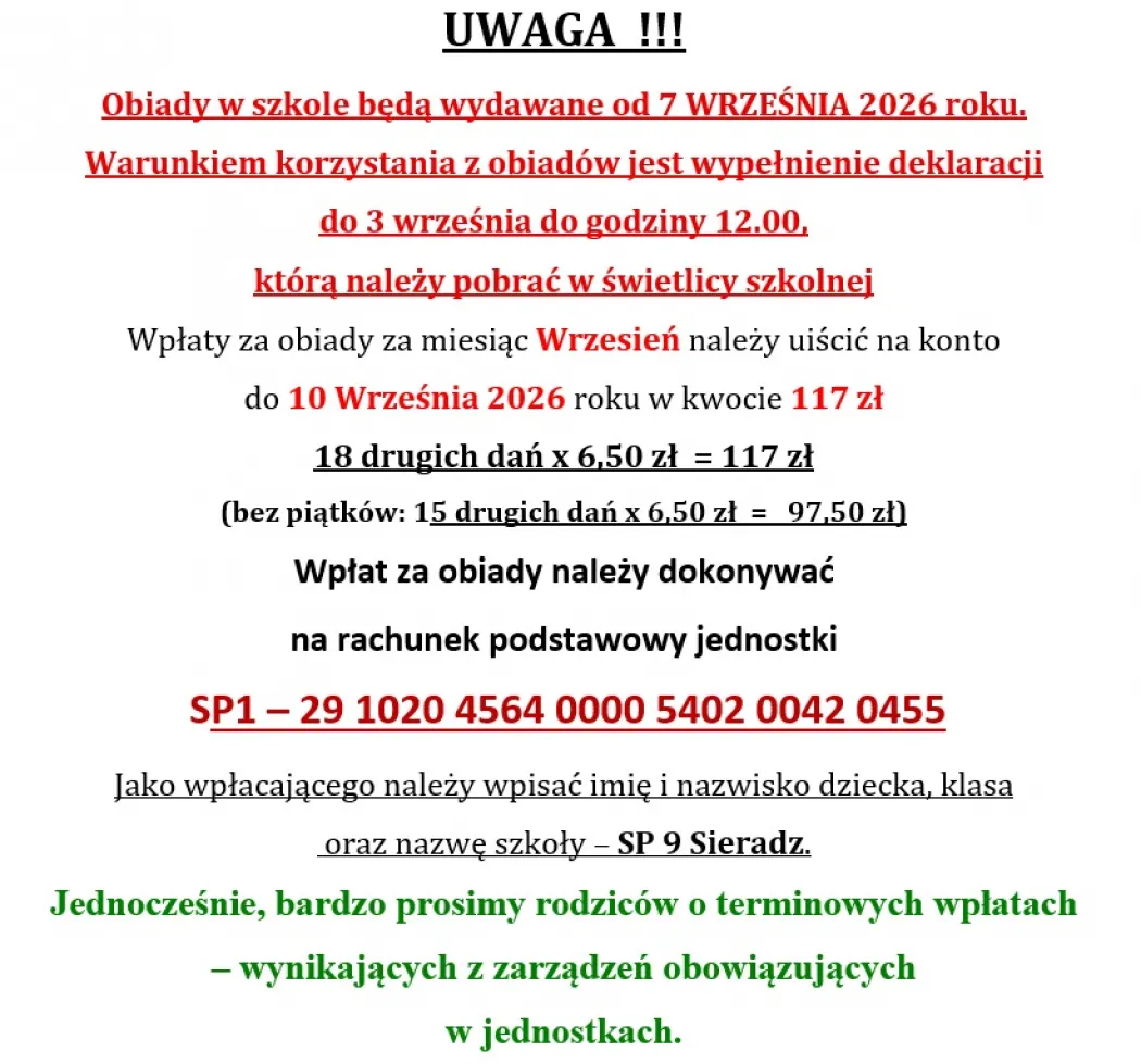 Informacja o obiadach (wrzesień)