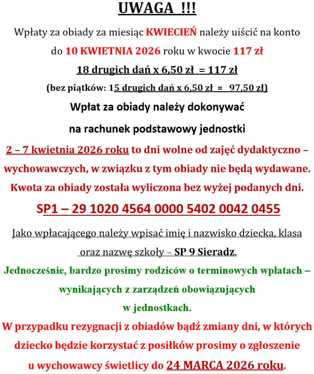 Informacja o obiadach (kwiecień)