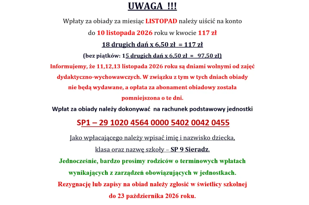 Informacja o obiadach (listopad)