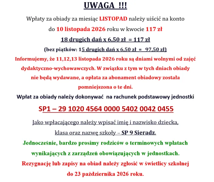 Informacja o obiadach (listopad)
