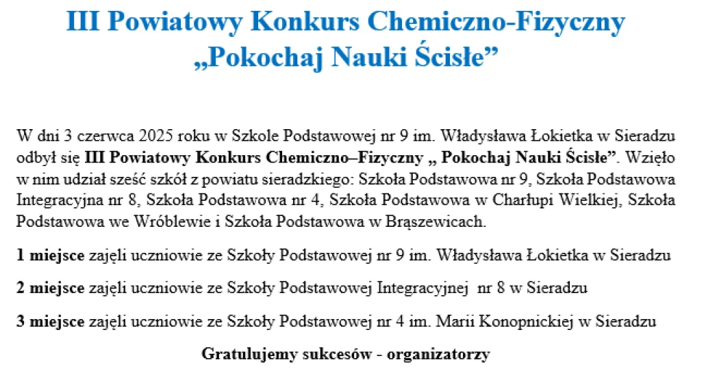 III Powiatowy Konkurs Chemiczno–Fizyczny „Pokochaj Nauki Ścisłe”