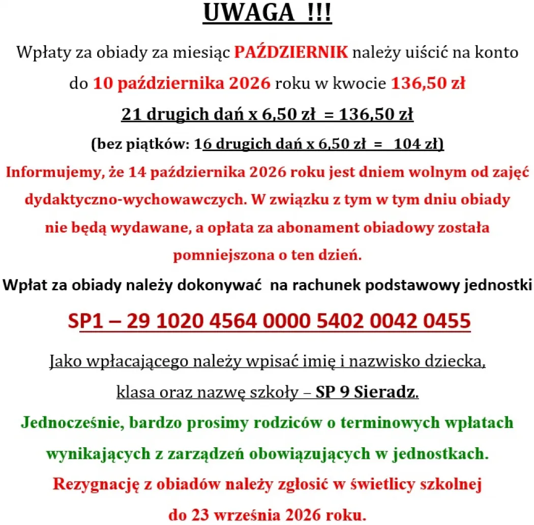 Informacja o obiadach (październik)
