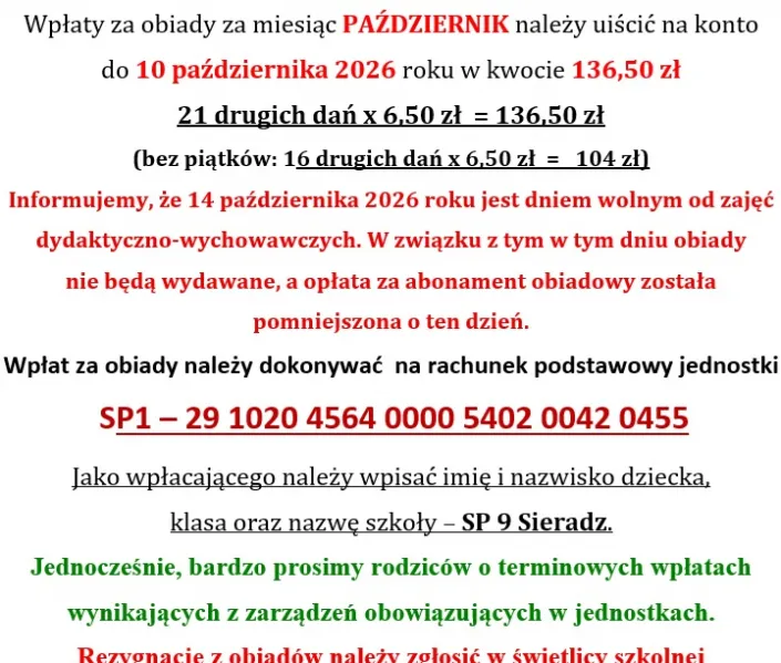 Informacja o obiadach (październik)