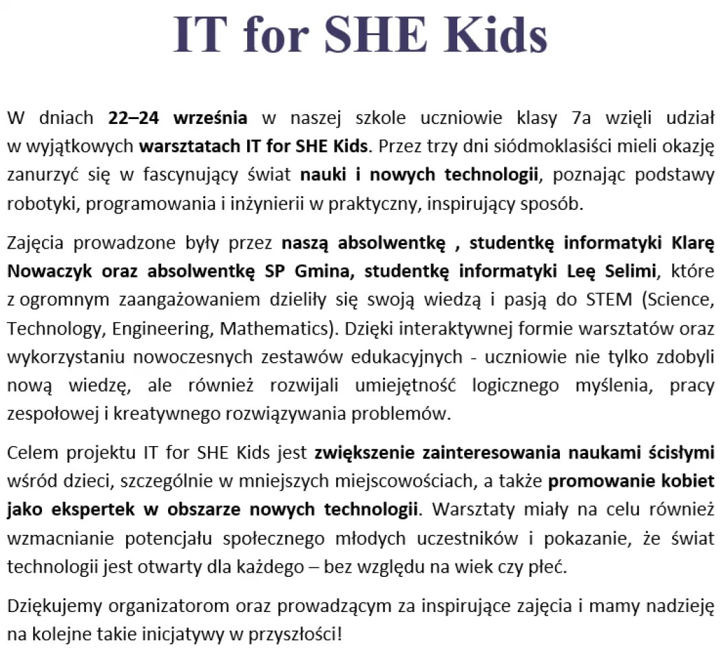 Warsztaty 'IT for SHE Kids'