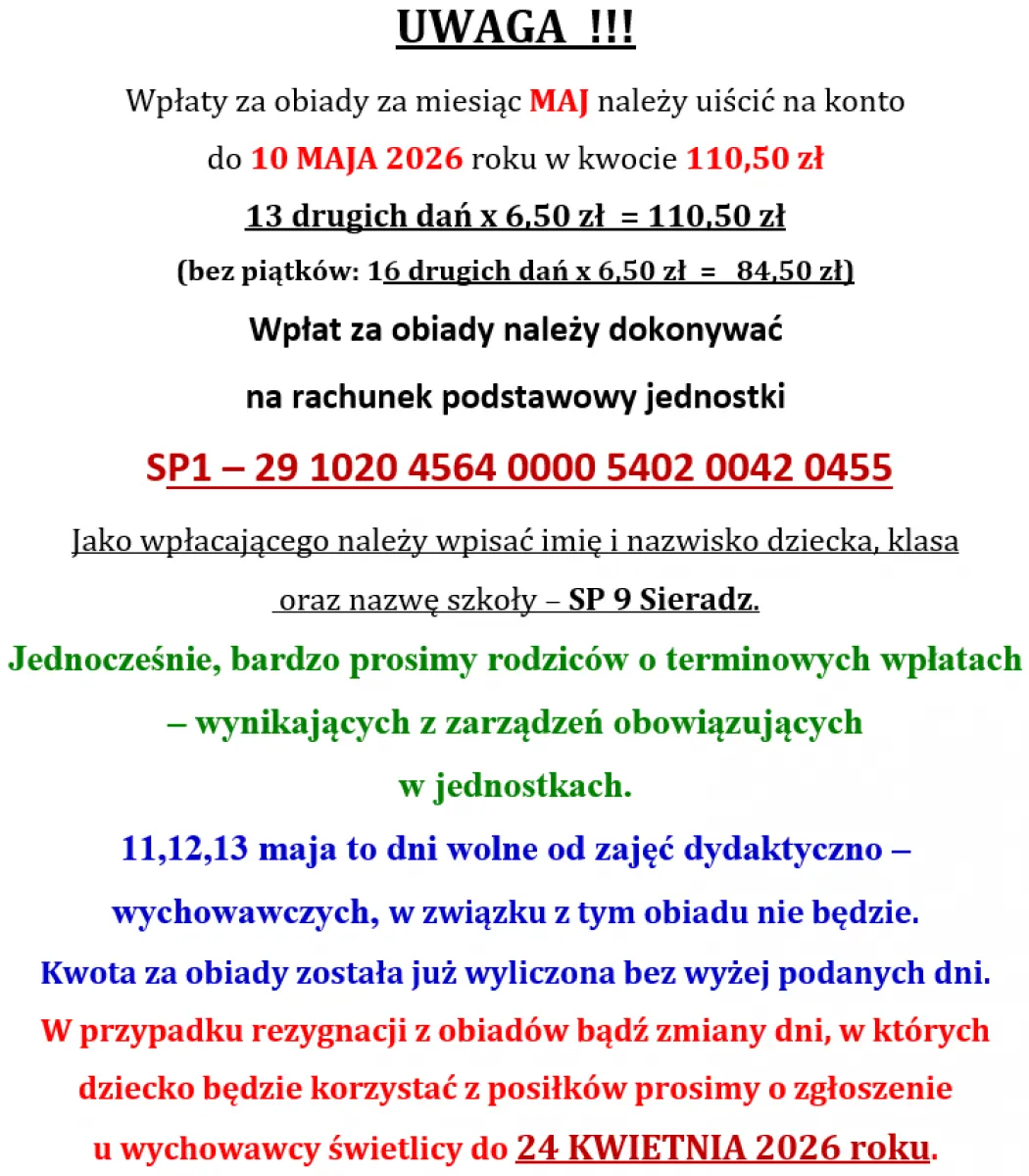 Informacja o obiadach (maj)