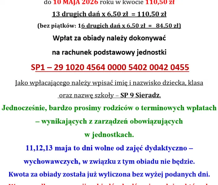 Informacja o obiadach (maj)